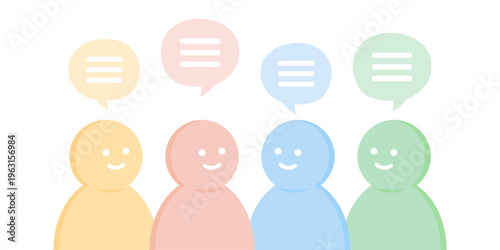 People having discussion and sharing thought with speech bubbles. Communication, teamwork, idea, connection, brainstorm, conversation concept. Flat character vector design isolated illustration.