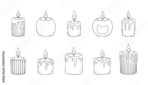 Collection of ten hand drawn style candles with dripping wax flame fire
