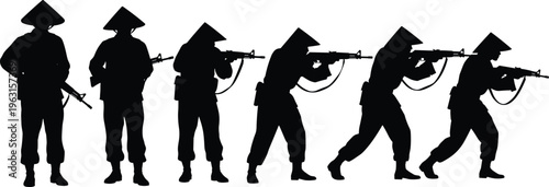 Set of six soldier silhouettes wearing conical hats in various tactical poses with rifles isolated on white background for design,