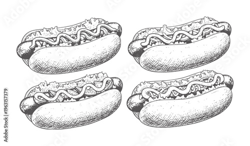 Four hand drawn hot dogs with toppings and condiments white hotdog food sausage ketchup