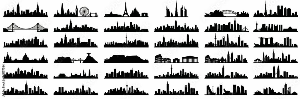Fototapeta premium Panoramic Urban Silhouettes Iconic Cityscapes and Architectural Landmarks Collection for Design