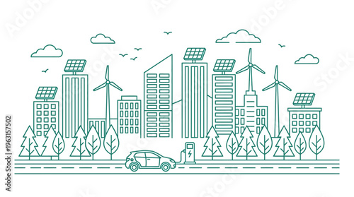 Sustainable urban landscape with renewable energy sources and electric vehicles