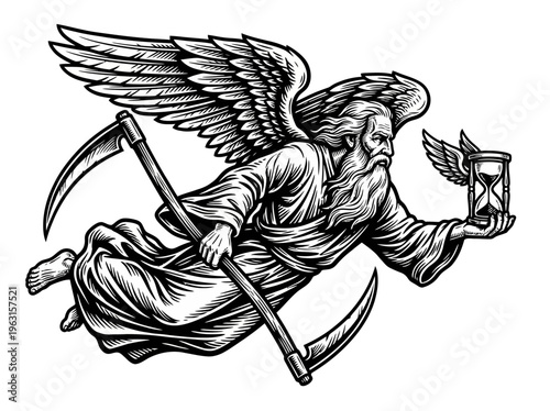 Winged Figure of Time holding an hourglass and scythes, symbolizing mortality and the passage of time