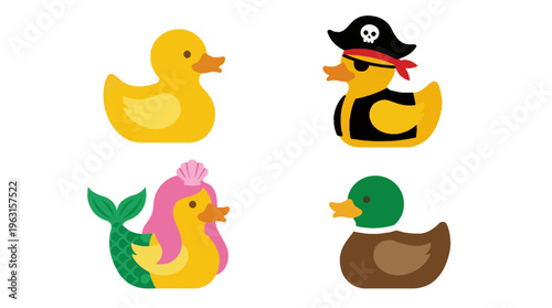 Cute rubber duckies with different character costumes including a mermaid pirate and duck