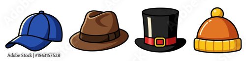 Diverse array of iconic hat styles casual caps, sophisticated fedoras, formal top hats, and cozy beanies