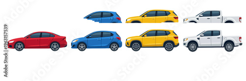 Collection of diverse modern car illustrations including sedans, hatchbacks, and pickup trucks in various colors