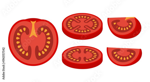 Vibrant Red Tomato Slices and Halves Set Fresh Culinary Vegetable Elements for Healthy Cooking