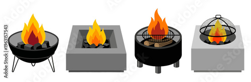 Diverse Collection of Outdoor Fire Pits and Barbecues Burning Brightly for Backyard Ambiance