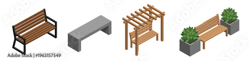 Collection of outdoor furniture and park amenities in isometric view