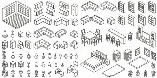 Isometric furniture icons set with different room decorations and appliances