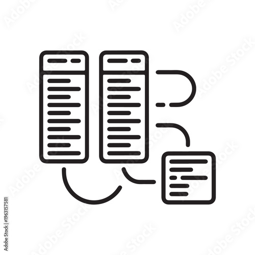 Minimalist Vector Icon Design Featuring Database Tables Linked Schema Architecture Illustration for SQL Data Modeling, Backend Development, and Information Systems Mapping Graphics