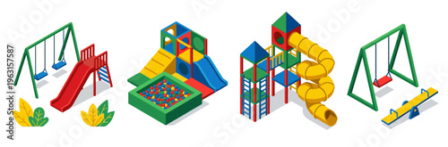 Isometric Vector Illustration Set of Colorful Children's Playground Equipment for Outdoor Fun and Activity
