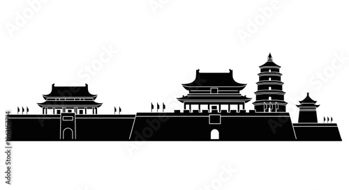 Εκτύπωση καμβά Silhouetted Ancient Chinese Palace Buildings and Towers, a Majestic Historical L