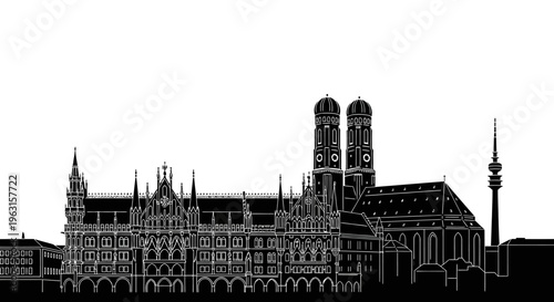 Black and white silhouette of a historic European city skyline featuring iconic architectural landmarks and famous twin towers