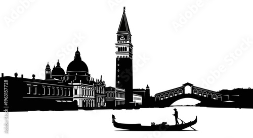 Stylized Black and White Illustration of Venice Featuring Historic Landmarks and Traditional Gondola