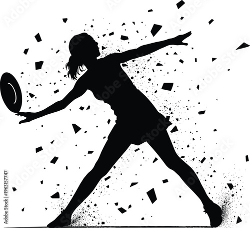 Dynamic Female Ultimate Frisbee Player Silhouette in Action Throwing Disc with Exploding Geometric Particle Effects Isolated on White Background for Sports Graphic Design