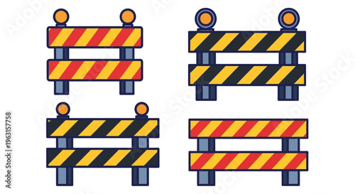 Set of four construction barriers with warning lights, indicating road closure or safety zone