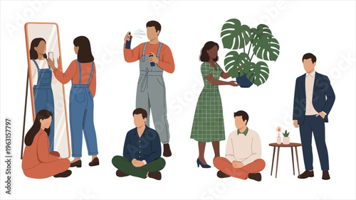 Daily Self-Care Illustration Diverse People Using Spray Products and Grooming Items in Flat Style