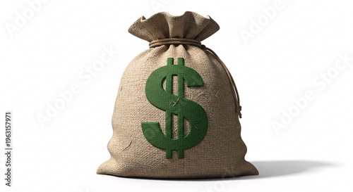 3D render of a burlap money bag with dollar sign symbolizing finance and savings growth