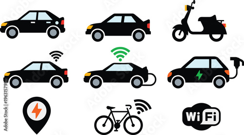 Smart transportation icons set electric cars wifi connectivity scooter bicycle charging station vector illustration modern mobility
