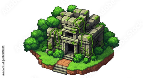 Ancient Mayan Aztec Temple Ruins in Jungle Pixel Art Vector