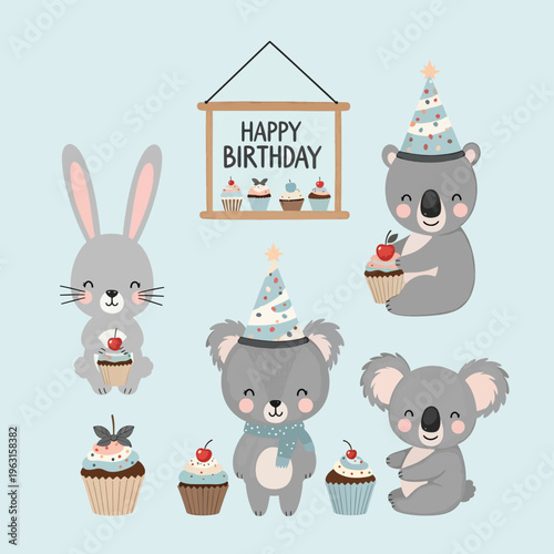 Cute cartoon animals celebrate birthday with cupcakes and hat