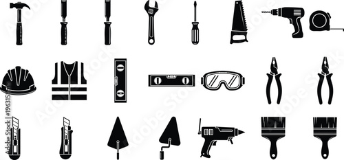 Construction tools and industrial equipment icons set featuring hammer drill saw screwdriver pliers safety vest and hard hat for maintenance.