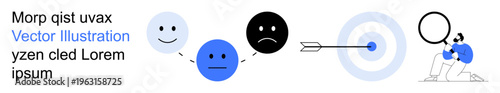 Emotional states, analysis, goal setting, motivation, personal growth, problem solving. Three faces showing emotions, target with arrow person with magnifier. Emotional states and analysis concept