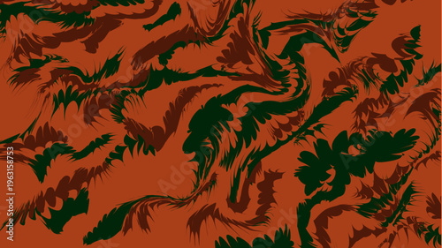 Vivid Patterned Swirls: A mesmerizing display of rich color, the image is dominated by intricate swirling patterns, blending shades of orange, green, and brown in an abstract composition.