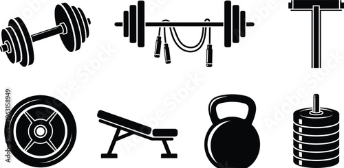 Fitness gym equipment icons set featuring barbell dumbbell kettlebell weight plates jump rope and workout bench for bodybuilding and strength training.
