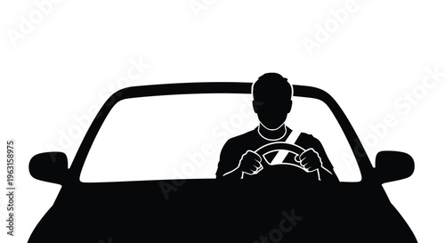 Silhouette of a man driving a car with hands on the steering wheel firmly