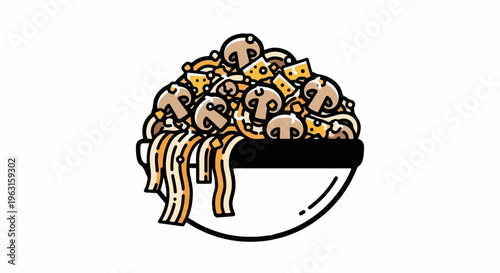 A cartoonish bowl overflowing with pasta, cheese chunks, and mushrooms