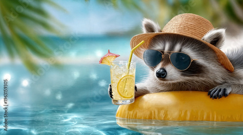 Raccoon relaxing in a tropical setting, floating on a yellow inflatable ring in crystal clear blue water with lemonade cocktail. Summertime concept. AI generated