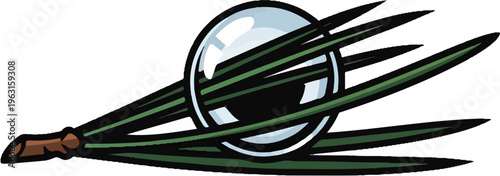 A clear marble rests on a sprig of green pine needles