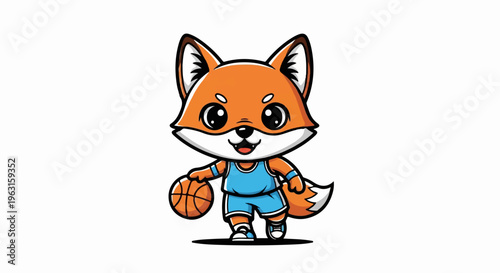 A cute cartoon fox wearing a blue basketball uniform dribbles a ball