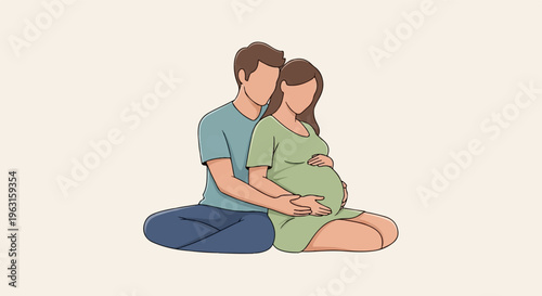 A couple sits cross-legged, man embracing pregnant woman