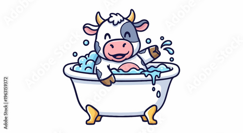 A happy cartoon cow bathes in a bubbly bathtub