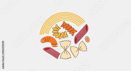 A variety of pasta shapes are arranged in a circle with a rainbow above
