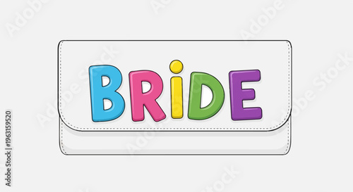 A white clutch purse with colorful "BRIDE" text in a playful font
