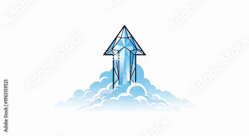 A translucent blue diamond-shaped arrow rises from fluffy clouds