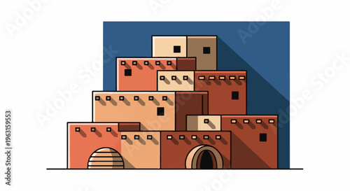 Adobe buildings stacked in a stepped pattern under a blue sky