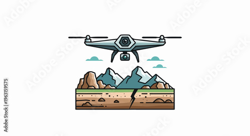 Aerial drone surveys a cracked landscape with mountains and clouds