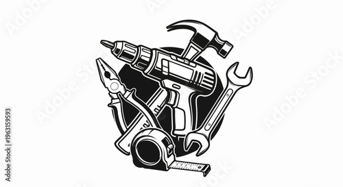 Assortment of hand tools and power drill arranged circularly