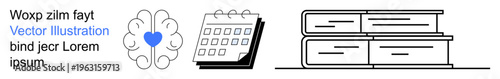 Education, planning, mental growth, organization, knowledge management, productivity. Brain with a heart, calendar stacked books in line art style. Education and planning concept