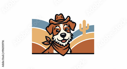 Cheerful cartoon dog wearing a cowboy hat and bandana in a desert landscape