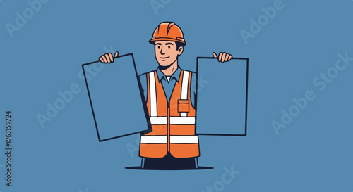Construction worker in orange vest and hard hat holding blank signs
