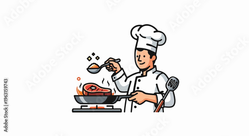 Chef cooking steak in a pan with spices and a spatula