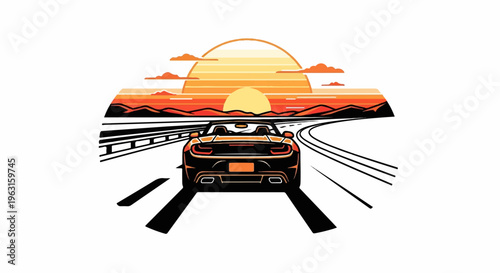 Convertible driving on highway towards a sunset over mountains