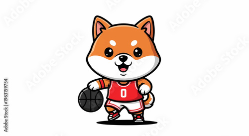 Cute cartoon dog in basketball uniform dribbling a ball