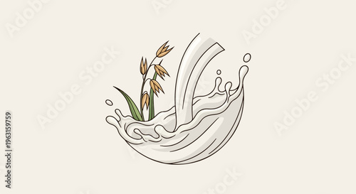 Creamy liquid splash with oat plant in a stylized illustration